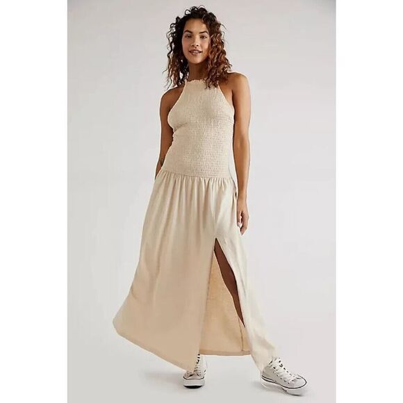 Free People FP beach Spell On You Maxi gauze cinch Dress tan oat US Small - Picture 1 of 9
